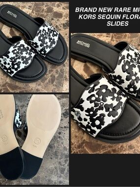 New Michael Kors Black & White Floral Sequin Slide Sandals